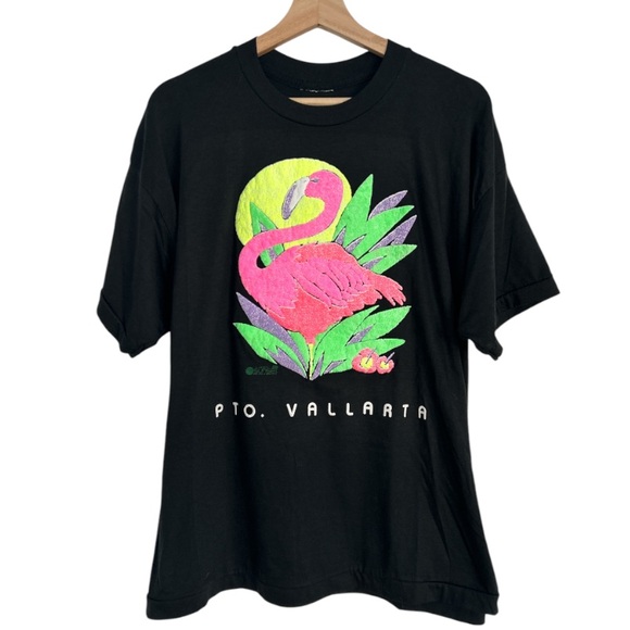 Vintage Other - Vintage Black T-Shirt with Raised Pink Flamingo Design PTO Vallarta Med-Large